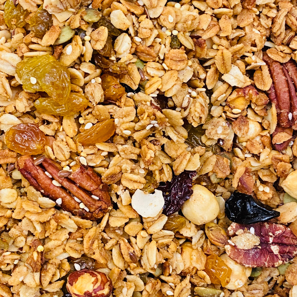 Our granola is made with a simple blend of wholesome ingredients that you will surely love. It includes house-baked oats, flax seeds, white sesame seeds, pumpkin seeds, pecans, millet, almonds, hazelnuts, vanilla, cinnamon, kosher salt, blue agave, maple syrup, olive oil, coconut oil, and seasonal dried fruit. 12 oz of goodness! 