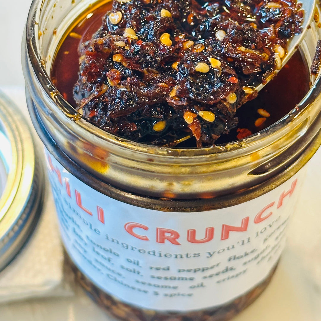 Chili Crunch - a spicy-crunchy chili oil currently used on our Turkish Eggs. Mild to Spicy.
