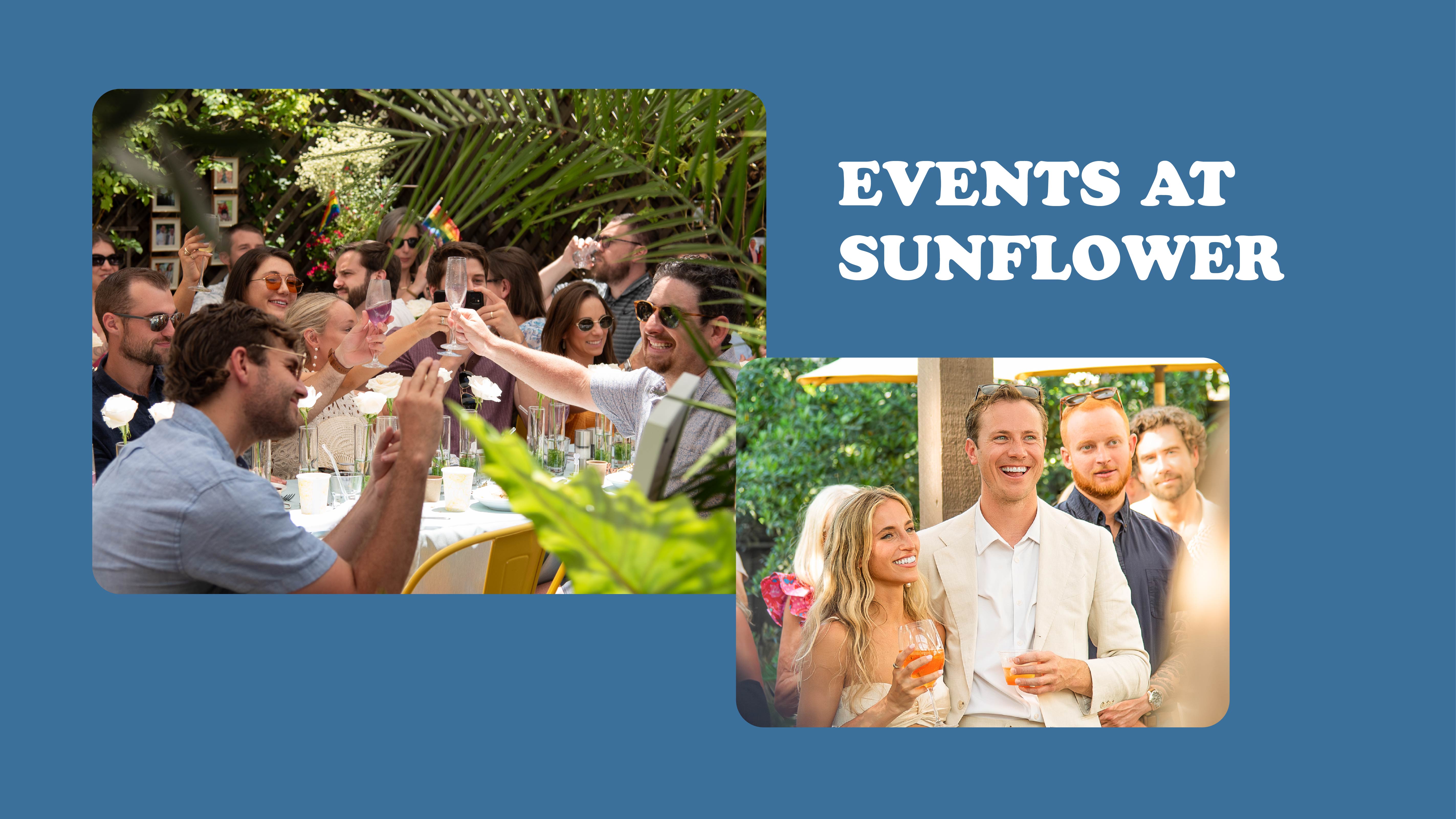 Promotional graphic for 'Events at Sunflower' with people at an outdoor event and a couple posing.