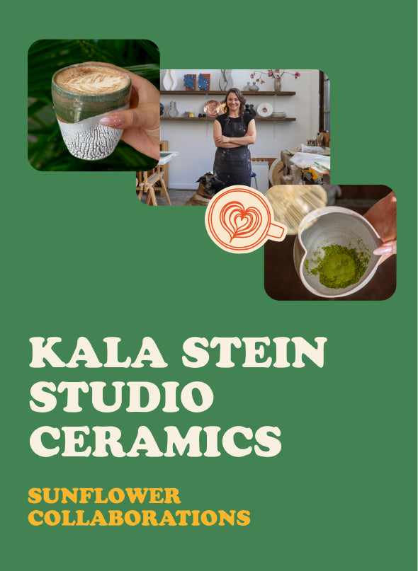 Promotional graphic for Kala Stein Studio Ceramics featuring images of ceramic products and a photo of Kala