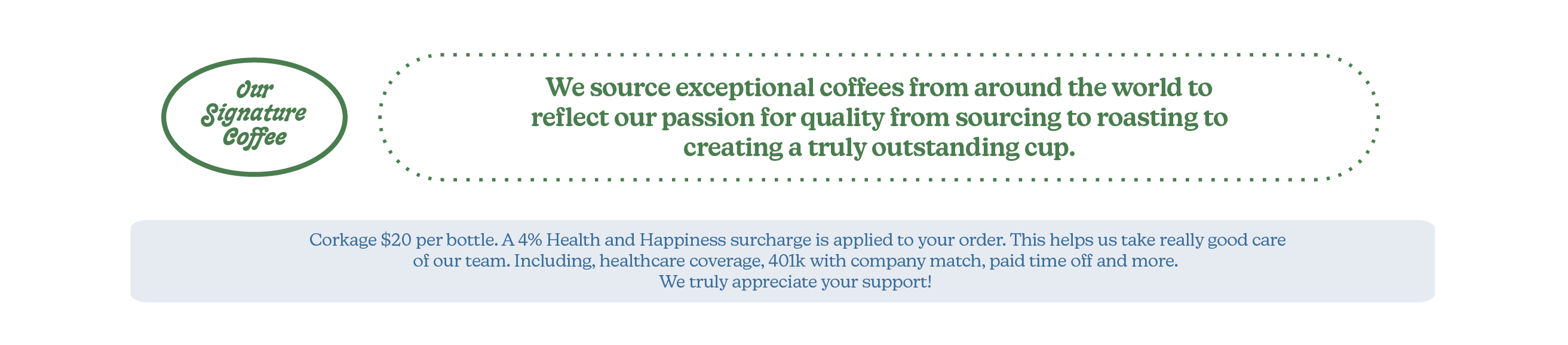 Text describing coffee sourcing and quality commitment on a white background