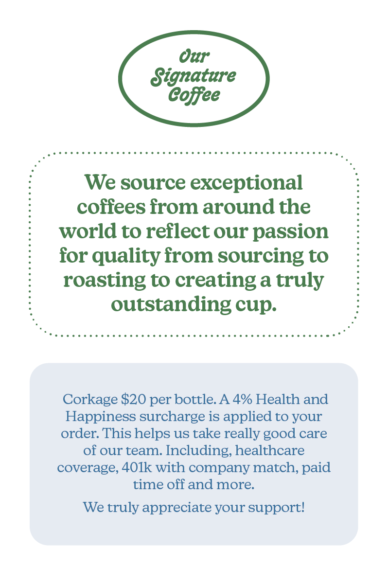 Text about sourcing exceptional coffees from around the world with a green and white color scheme.