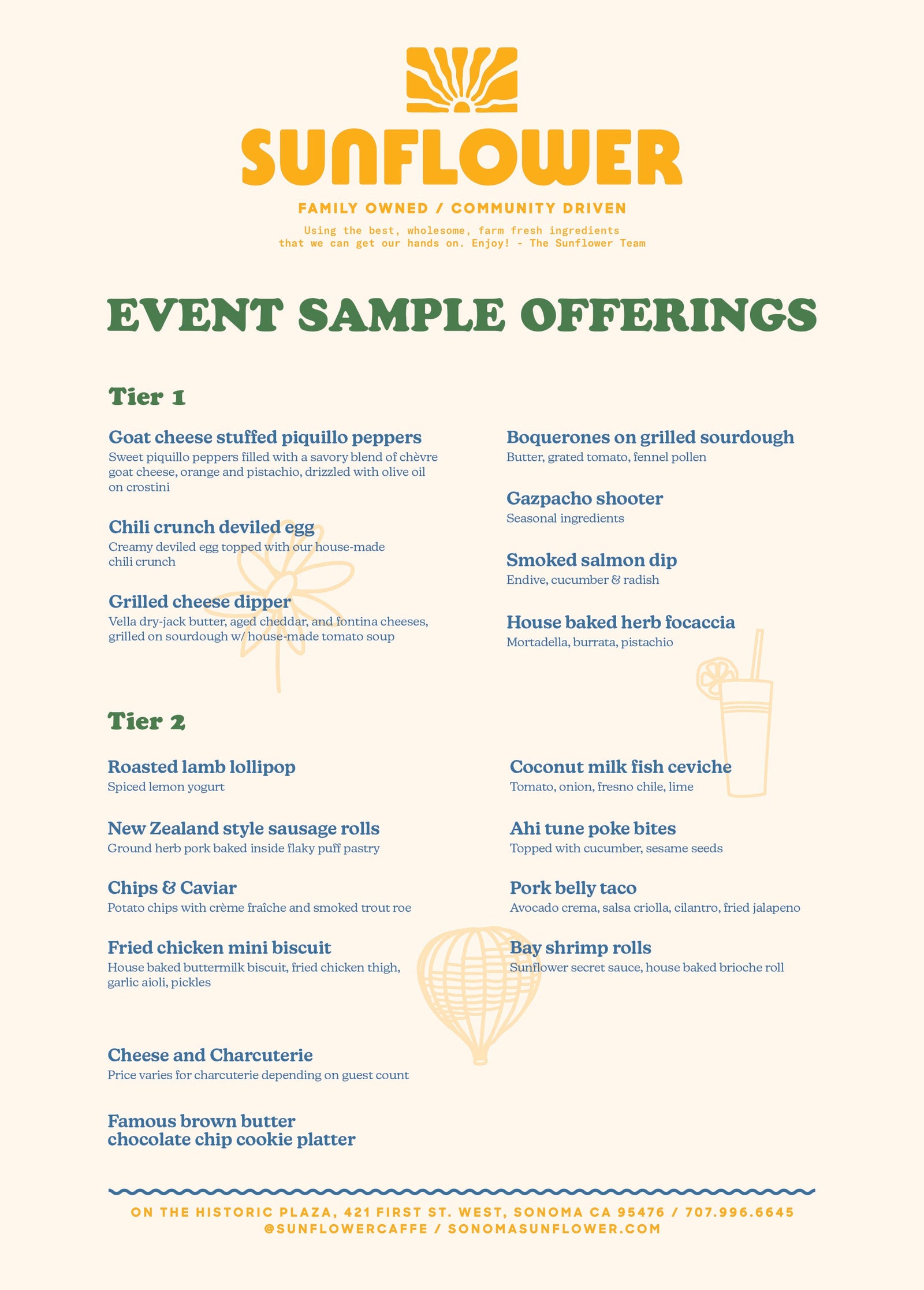 Sunflower event sample offerings menu with various food items listed.