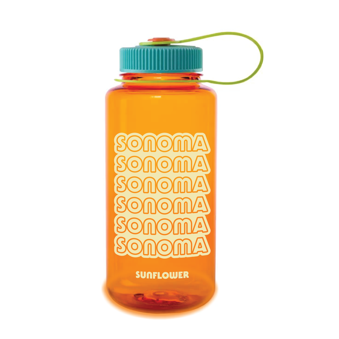 Orange water bottle with 'Sonoma' text and teal cap on a white background