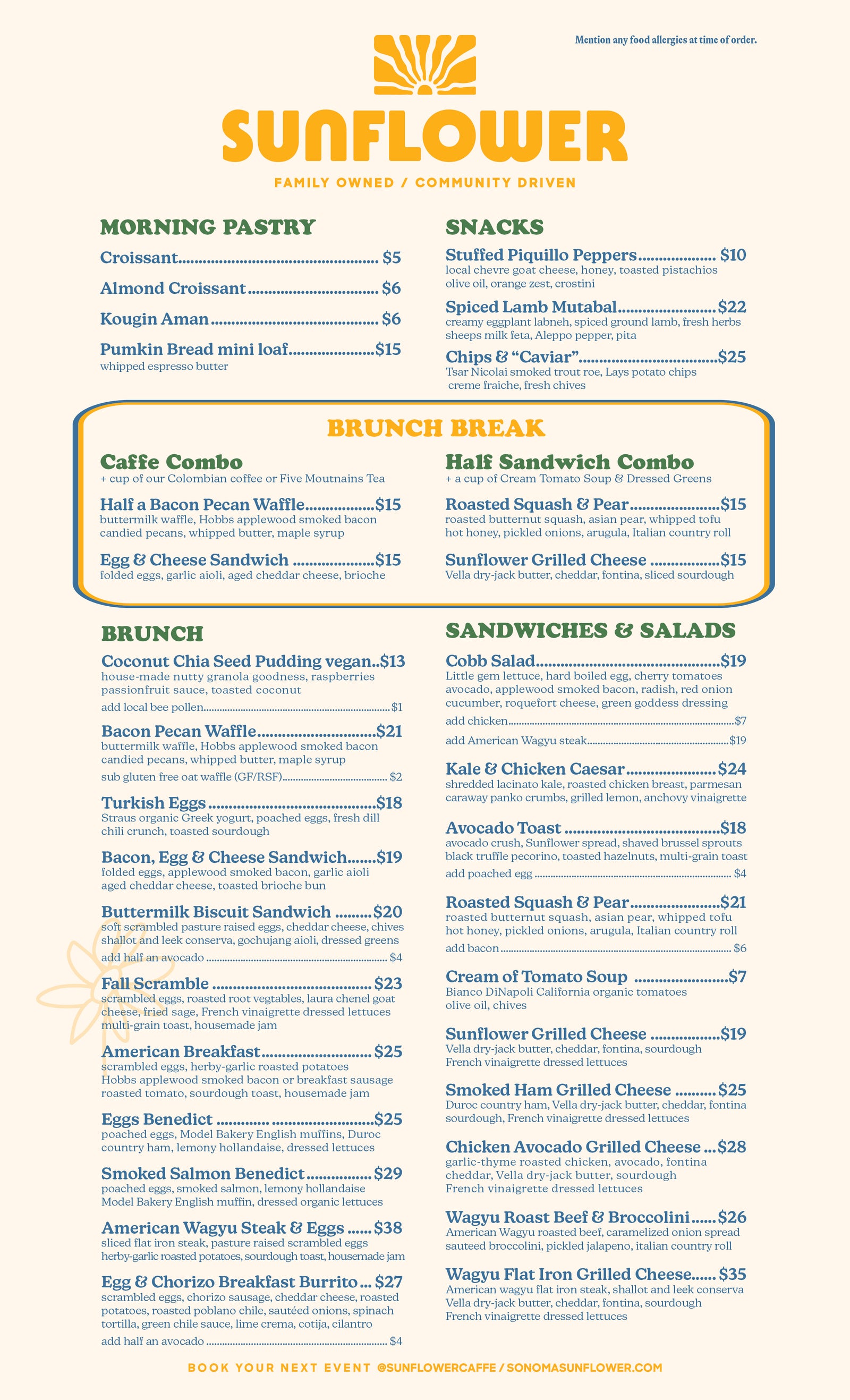 Sunflower restaurant menu with various food items and prices.