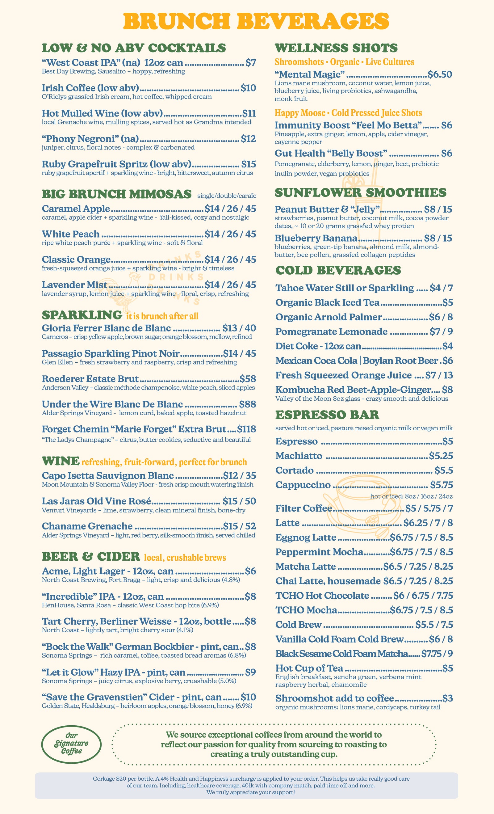 Menu for brunch beverages, wellness shots, and other drinks with prices listed.