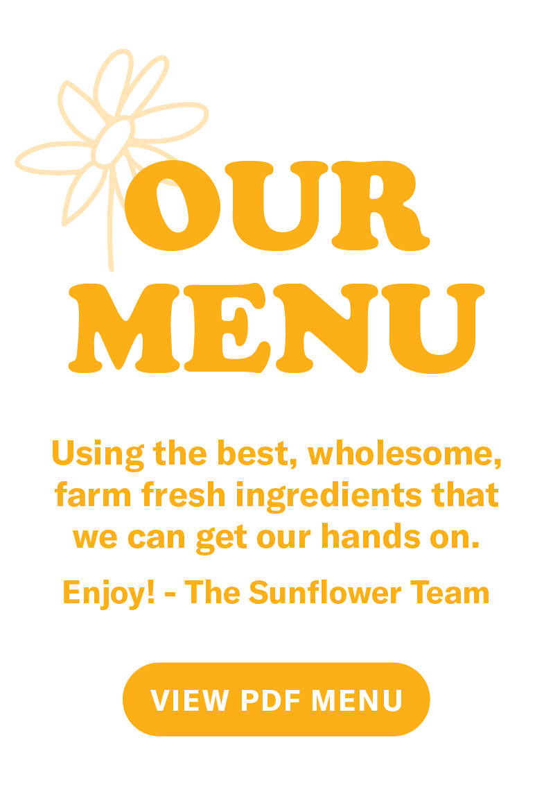 Menu title with 'Our Menu' text and a view PDF button on a white background.