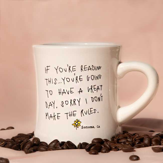 White mug with text