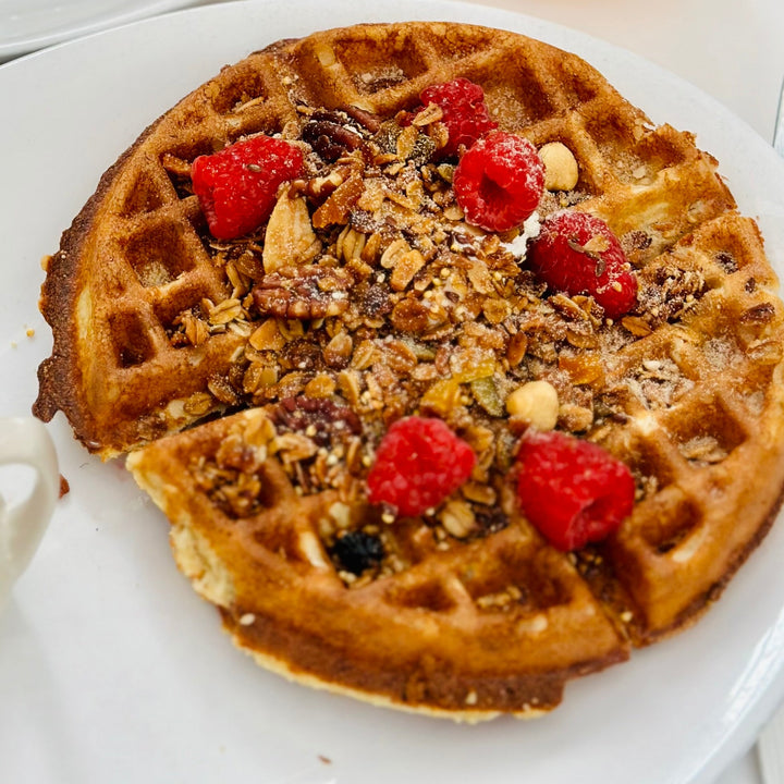 Our granola here is topped on our signature waffle. Just an idea of the many things to use this yummy granola. 