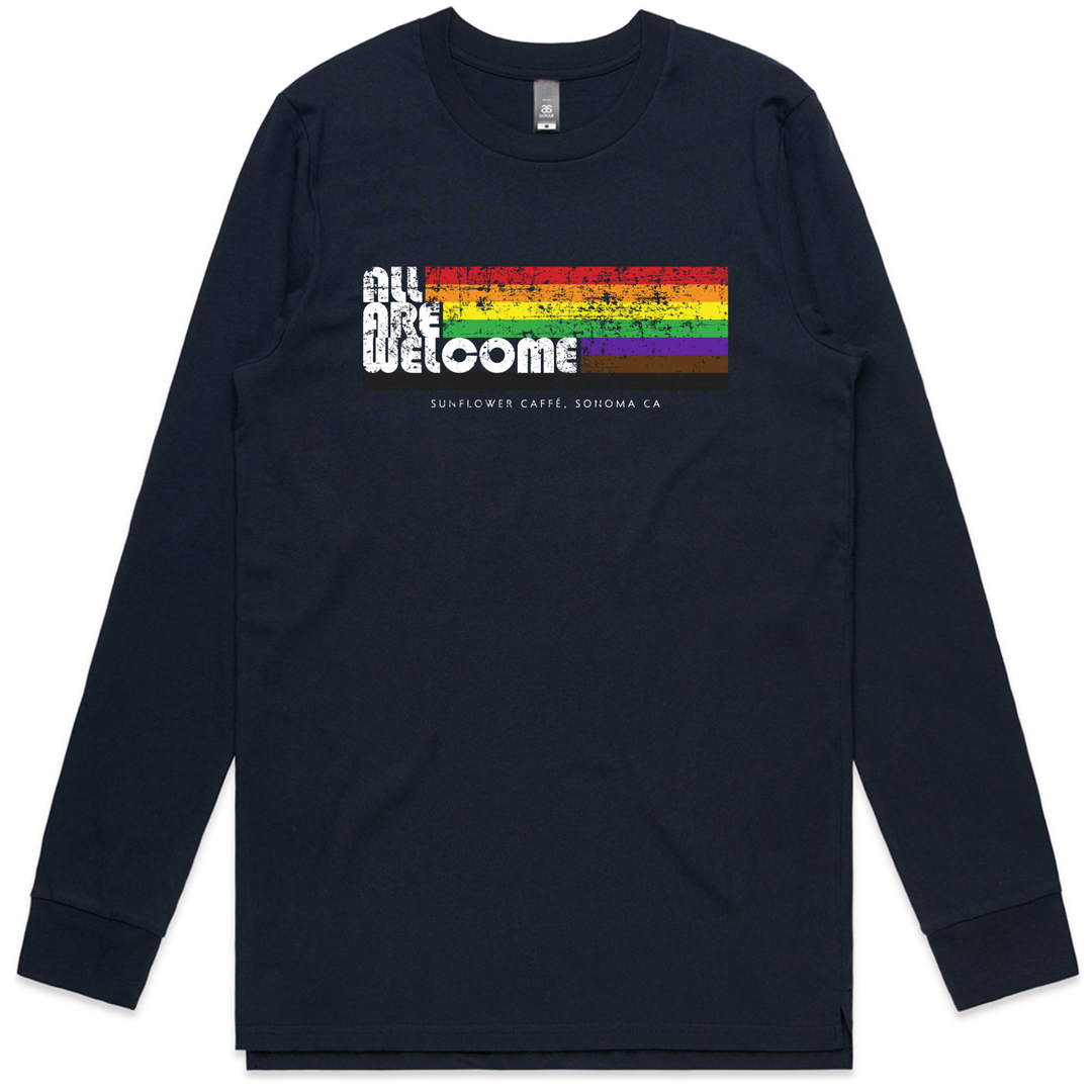 Gals, rock these long-sleeved tees in navy! Crafted from 100% carded cotton, they provide a regular fit that's sure to flatter. For everyone who believes in the power of diversity, community, kindness, and hard work - show off our All Are Welcome design with pride!